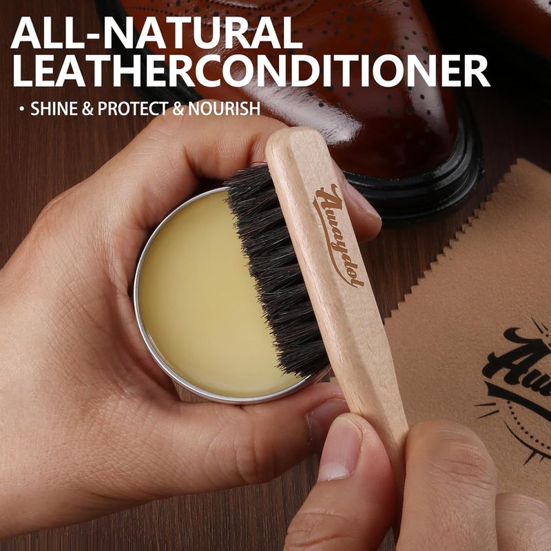 Awaydol 10 PCS Leather Care Kit - Horsehair Brushes,Saddle Soap,Waterproofing Wax,Mink Oil Conditioner,Polishing Cloth,Microfiber cloth,Boot Shoe Shine Cleaning Kit Gift for Men Cowboy Husband Dad ﻿ - Image 4